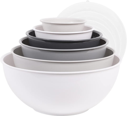 BoxedHome BPA Free Plastic Round Mixing Bowl with Lids, 12 Pack Nesting Bowls with Lids Set, Microwave and Dishwasher Safe Prep & Serving Bowls Great for Mixing, Baking, Serving (White, 12pcs)