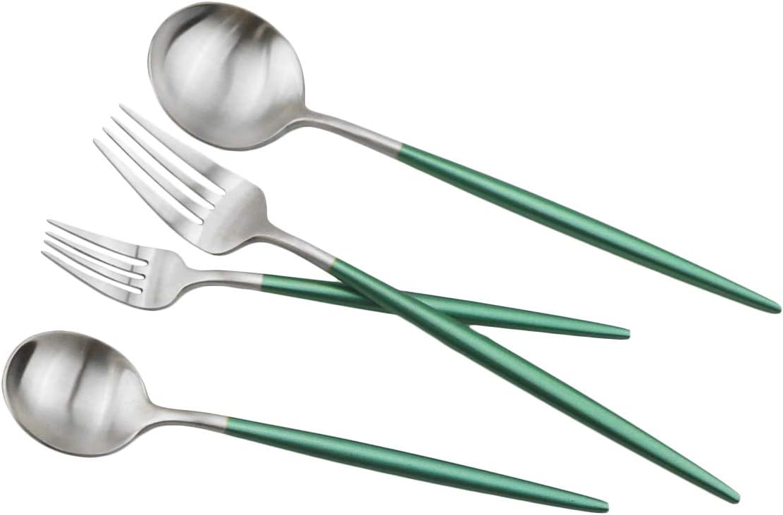 JASHII Silverware Sets, 5-Piece Flatware 18/10 Stainless Steel Heavy Weight Forged Cutlery Eating Utensils Forks Spoons Knives Set Tableware Service for 1 Matte Finished (Green & Silver)