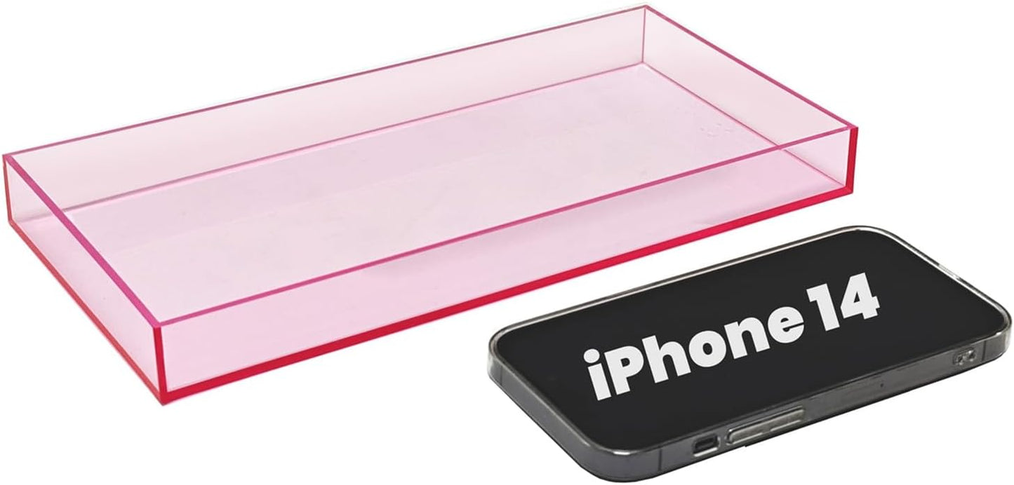 SetGame Pink Acrylic Serving Tray with Handles, Pink Decorative Storage Arylic Trays, Small Simple Vanity Tray Food Tea Fruit Dinner Snack Tray for Bar Kitchen Party, Bathroom Tray, 10X5 Inch