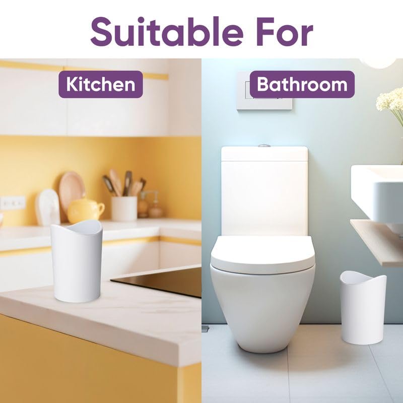 Superio Small Bathroom Trash Can with Lid, Modern White Mini Waste Bin with Swing Lid (1 1/2 Gallon, 6 Liter) Plastic Garbage Can for Kitchen, Bathroom, Bedroom, Office, Under Desk (2, White)