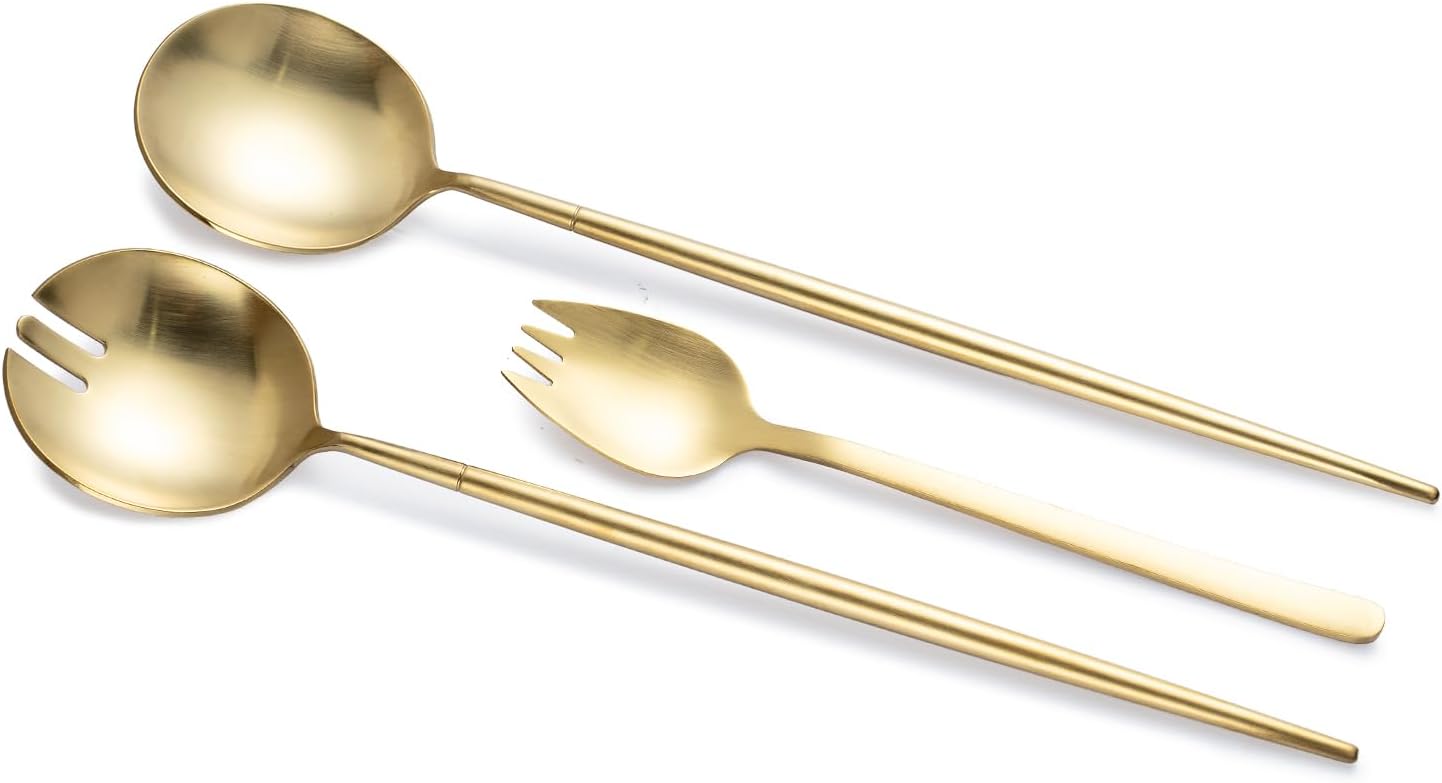 8-Piece Gold Salad Serving Set - 11.4 inch Stainless Steel Spoon & Fork with 6 Salad Forks, Titanium Plating, Dishwasher Safe for Entertaining, Parties