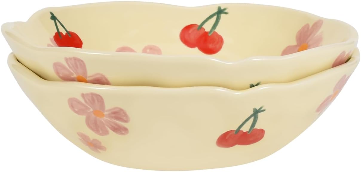 Koythin Salad Bowls Set of 2, Cute Cherry Flower Ceramic Bowls, Cream Yellow Serving Bowl for Pasta, Cereal, Fruit, Soup, Rice, Dishwasher and Microwave Safe (Cherry Set of 2)