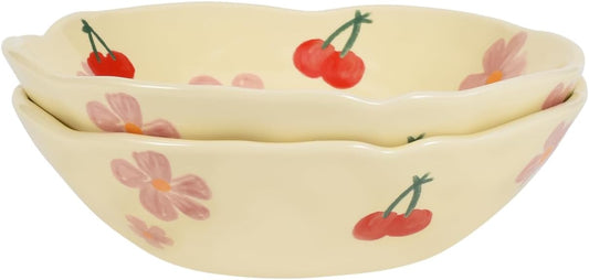 Koythin Salad Bowls Set of 2, Cute Cherry Flower Ceramic Bowls, Cream Yellow Serving Bowl for Pasta, Cereal, Fruit, Soup, Rice, Dishwasher and Microwave Safe (Cherry Set of 2)