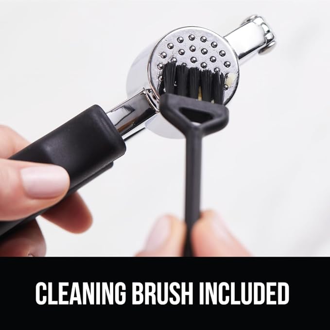 GORILLA GRIP Garlic Press and Peel Set, Heavy Duty Mincer Tool, Easily Mince and Crush Garlics, Ginger, Nuts, Seeds, Large Ergonomic Handle, Peeler Included for Peeling Cloves, Kitchen Gadgets, Black