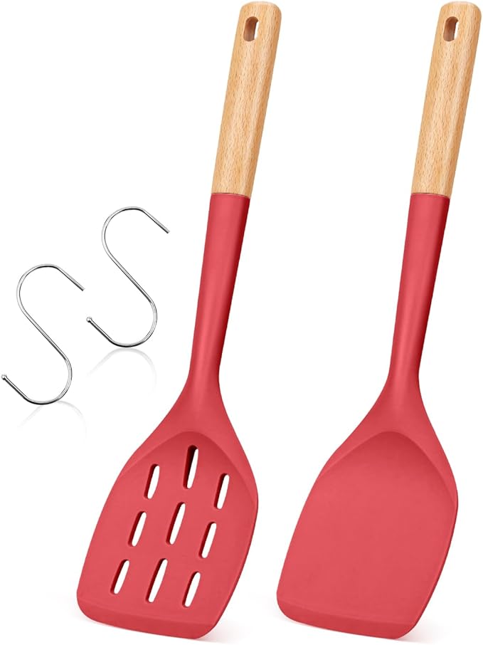 Pack of 2 Silicone Spatula, Non Stick Cooking Utensil Set Wooden Handle Kitchen Turner for Baking Mixing Grilling Serving Food Heat Resistant Non Scratch Hooks Included (Red)