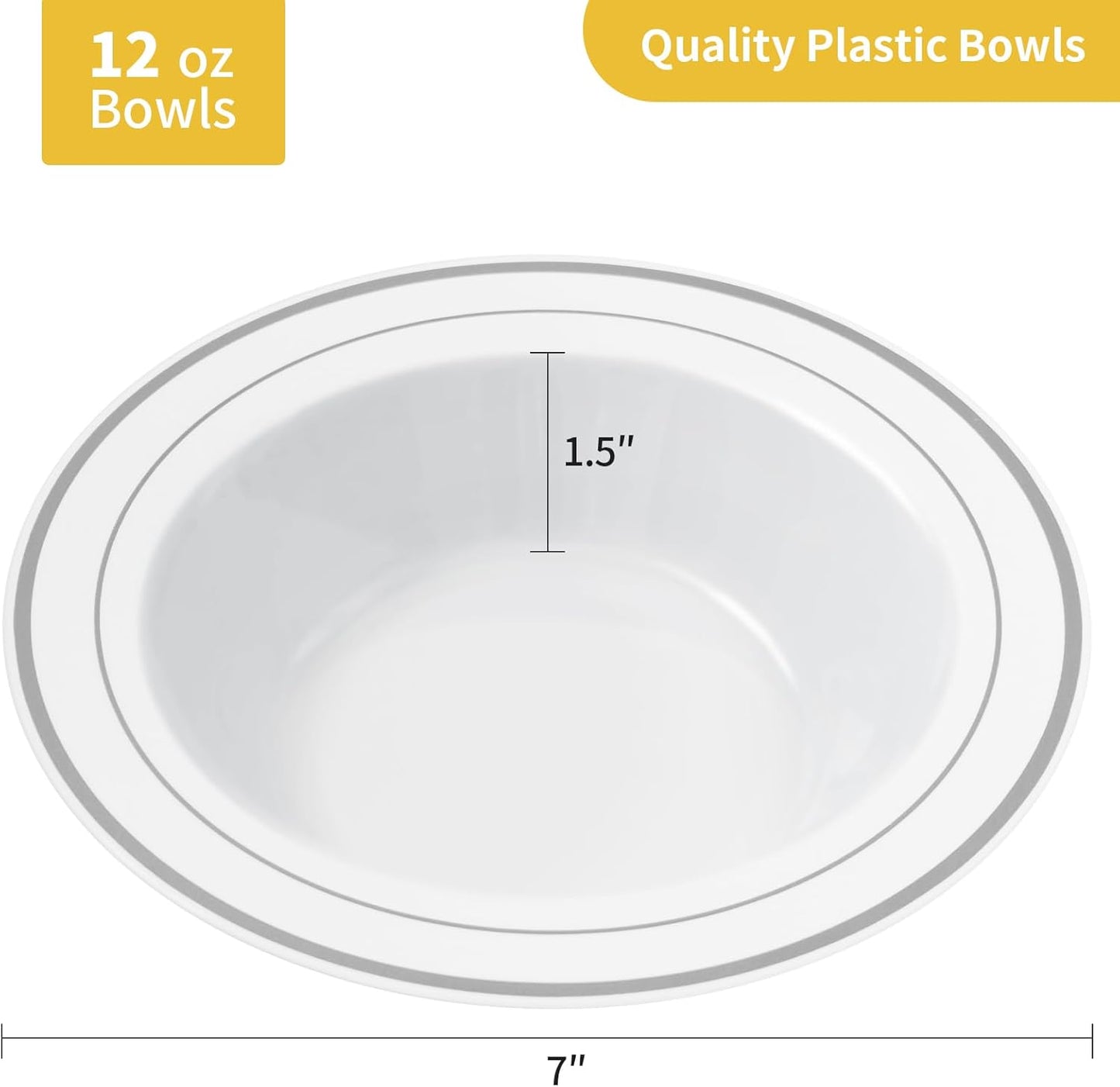 Goodluck 25 Pack Plastic Bowls with Silver Rim, 12oz Disposable Soup Bowls for Weddings, Parties, Dinners, Catering, and Everyday Use