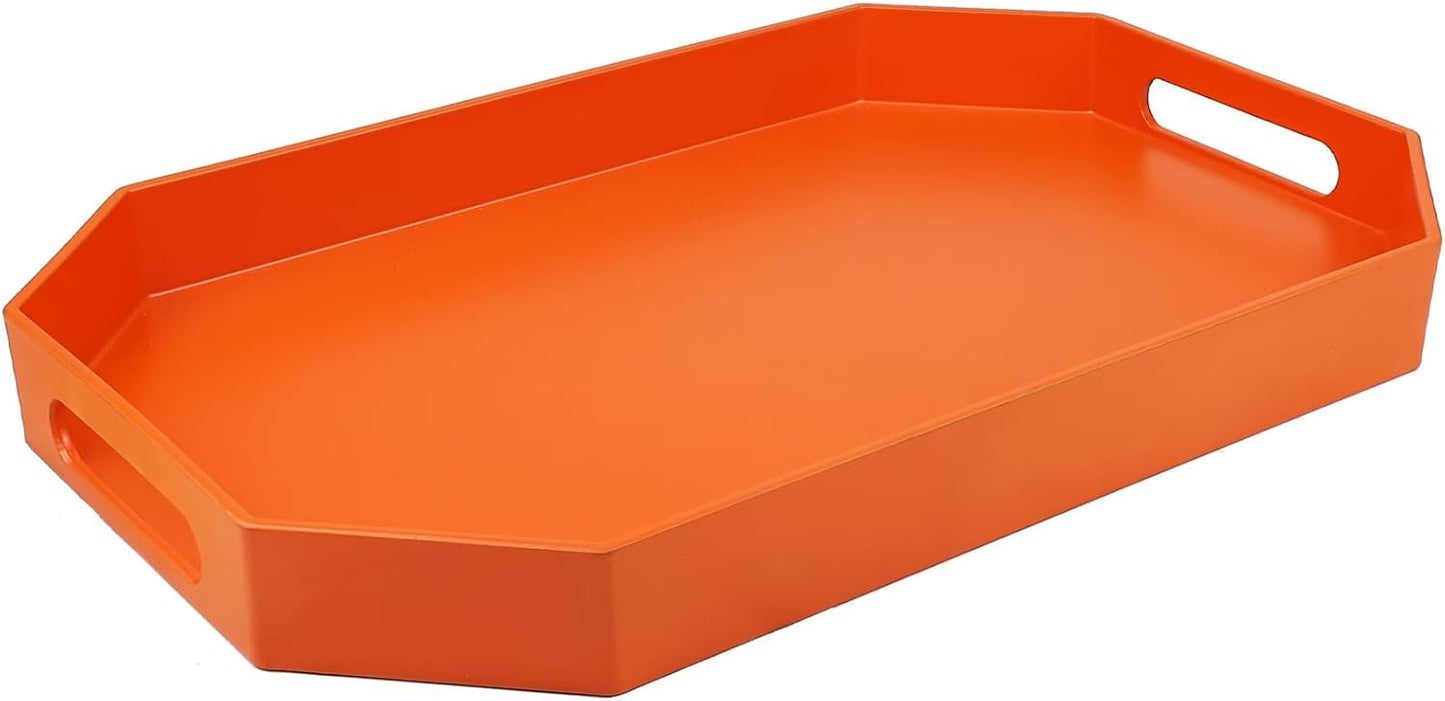 Orange Octagonal Serving Tray with Handles for Coffee Table, Plastic Decorative Tray for Ottoman, Kitchen Counter, Living Room, Outdoor Lacquer Tray for Entertaining