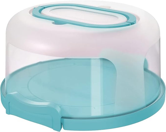 Top Shelf Elements Round Cake Carrier Two Sided Cake Holder Serves as Five Section Serving Tray, Portable Cake Stand Fits 10 inch Cake, Cake Box Comes With Handle, Cake Container Holds Pies (Aqua)