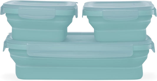 Drip EZ Secondz Collapsible Food Storage Containers (set of 3) - Meal Prep, Leftovers, Lunch, Camping, Hiking - Dishwasher & Microwave Safe - BPA-free Silicone - Locking Lids - Ice Blue