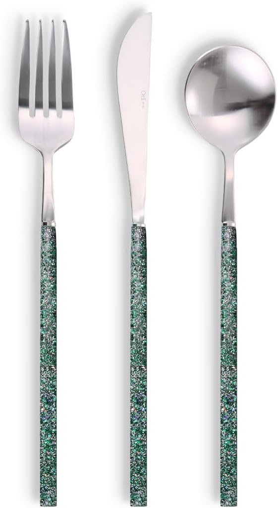 Ordi-Stix Handmade Fully Glitered Dinner Cutlery Set 3P (Spoon, Fork, Knife) Flatware Set (Mix Green)