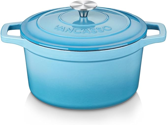 vancasso Enameled Cast Iron Dutch Oven, 2.5 QT Blue Naturally Non-Stick Casserole Dish Cookware, with Stainless Steel Knob Lid Cast Iron Casserole for Steam Braise Bake Broil Saute Simmer Roast