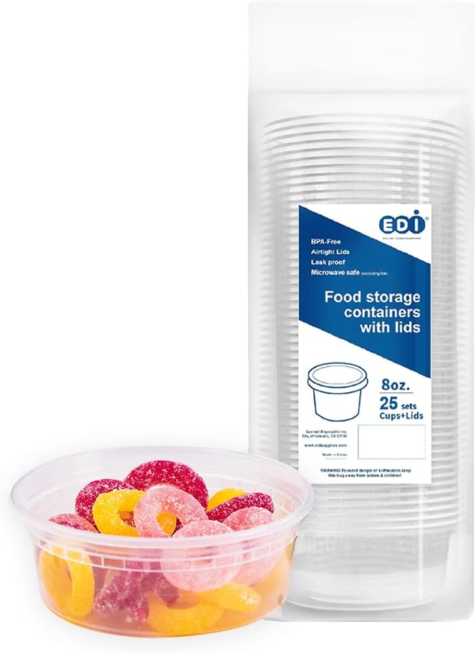 EDI [8 OZ, 25 Sets] Plastic Deli Food Storage Containers with Airtight Lids | Microwave-, Freezer-, Dishwasher-Safe | BPA Free | Heavy-Duty | Meal Prep | Leakproof | Recyclable