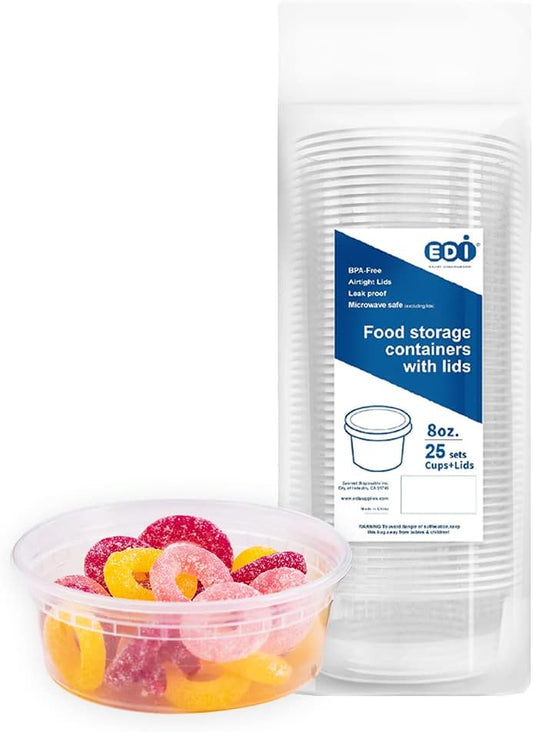 EDI [8 OZ, 25 Sets] Plastic Deli Food Storage Containers with Airtight Lids | Microwave-, Freezer-, Dishwasher-Safe | BPA Free | Heavy-Duty | Meal Prep | Leakproof | Recyclable