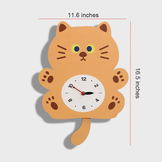 Adorable Cat Swing Wall Clock with Wagging Tail - Silent Non-Ticking Pendulum Clock, Cute Cartoon Animal Design for Kids Room, Nursery, Home Decor, for Cat Lovers (YBZ001-Yellow)