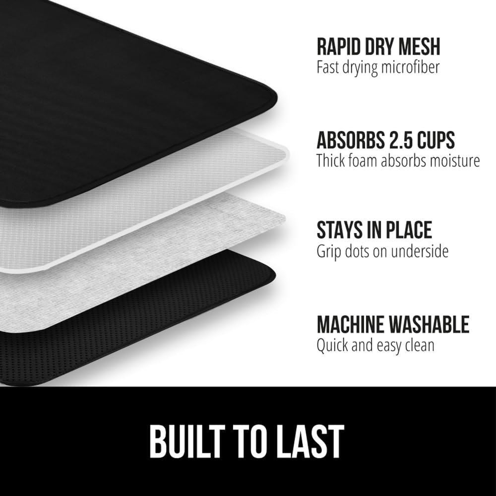 GORILLA GRIP Ultra Water Absorbent Microfiber Dish Drying Mat, 18x32, Quick Dry Thick Mesh, Slip Resistant Pad for Sink Dishes or Under Rack, Kitchen Counter Accessories, Machine Wash Mats, Black