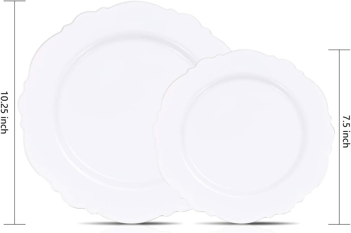 WDF 100pcs Silver Plastic Plates - High-end Baroque Design - Heavy Duty White &Silver Plates for Christmas Upscale Parties &Wedding