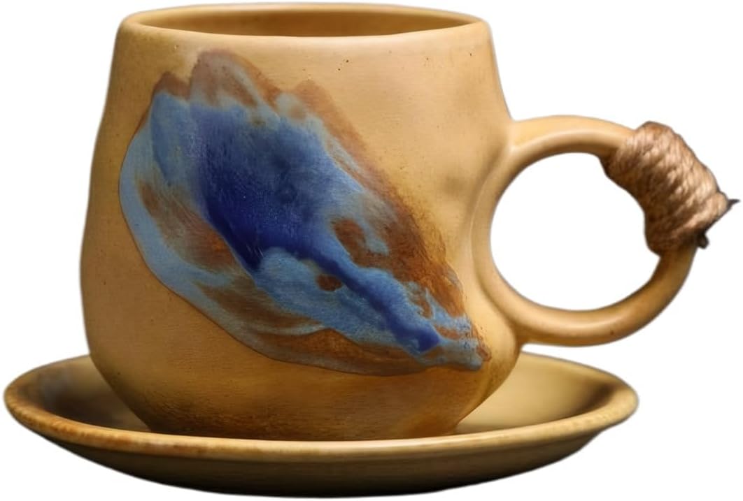 10oz Unique Vintage Retro Japanese Handmade Ceramic Cappuccino Barista Cup with Saucer, Coffee Cup and Saucer, Artisanal Stoneware Coffee Mug, Lead-Free Latte Art Mug (1, Light brown)