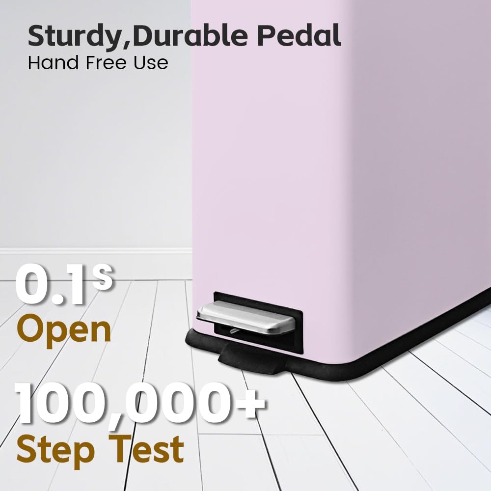 Pink 16.7L/4.4 Gallon Bathroom Trash Can with Lid. Features a removable inner bucket, a soft - close lid, and a stainless - steel step pedal. Ideal for use in the bathroom, kitchen, and home office.