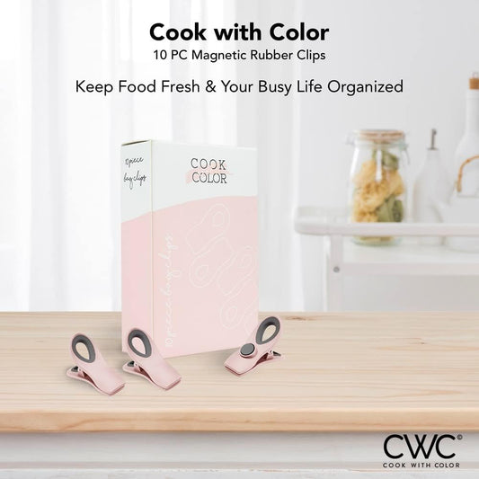 COOK WITH COLOR Bag Clips with Magnet- Food Clips, Chip Clips, Bag Clips for Food Storage with Airtight Seal Grip for Bread Bags, Snack Bags and Food Bags (Pink, Pack of 10)