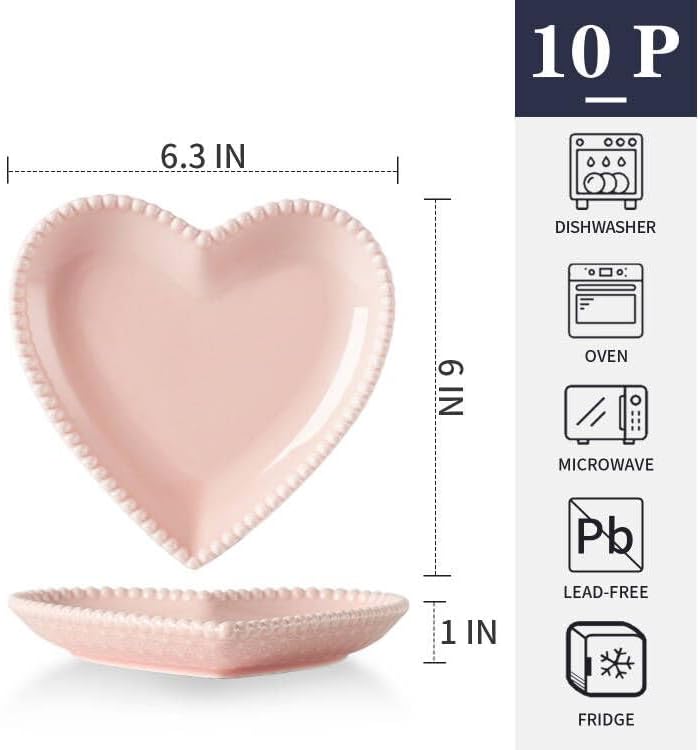 6.3 Inch Porcelain Appetizer Plates Set of 10, Heart Shape Small Dinner Plates, Dessert Salad Plates Serving Dishes for Cake, Snack, Ice Cream, Waffles, Microwave, Oven, Dishwasher Safe, Pink
