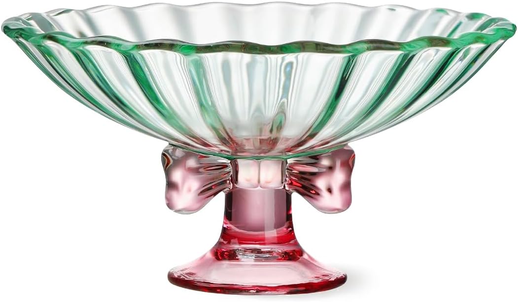 Glass Fruit Bowl. 9 inch Glass Pedestal Bowl. Elegant Bow Decoration Multicolor Salad Plate. Suitable for Fruit, Dessert, Candy, Snack & More. (Green & Pink)