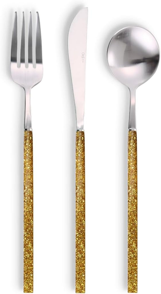 Ordi-Stix Handmade Fully Glitered Dinner Cutlery Set 3P (Spoon, Fork, Knife) Flatware Set (Gold)