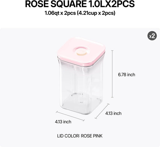 VAKUEN Premium Airtight Food Storage Containers ROSE Pink Lid, 1.0L(1.06qt) x2pcs Container. Patented Double Silicone Lining, 100% Leak Proof, BPA-FREE