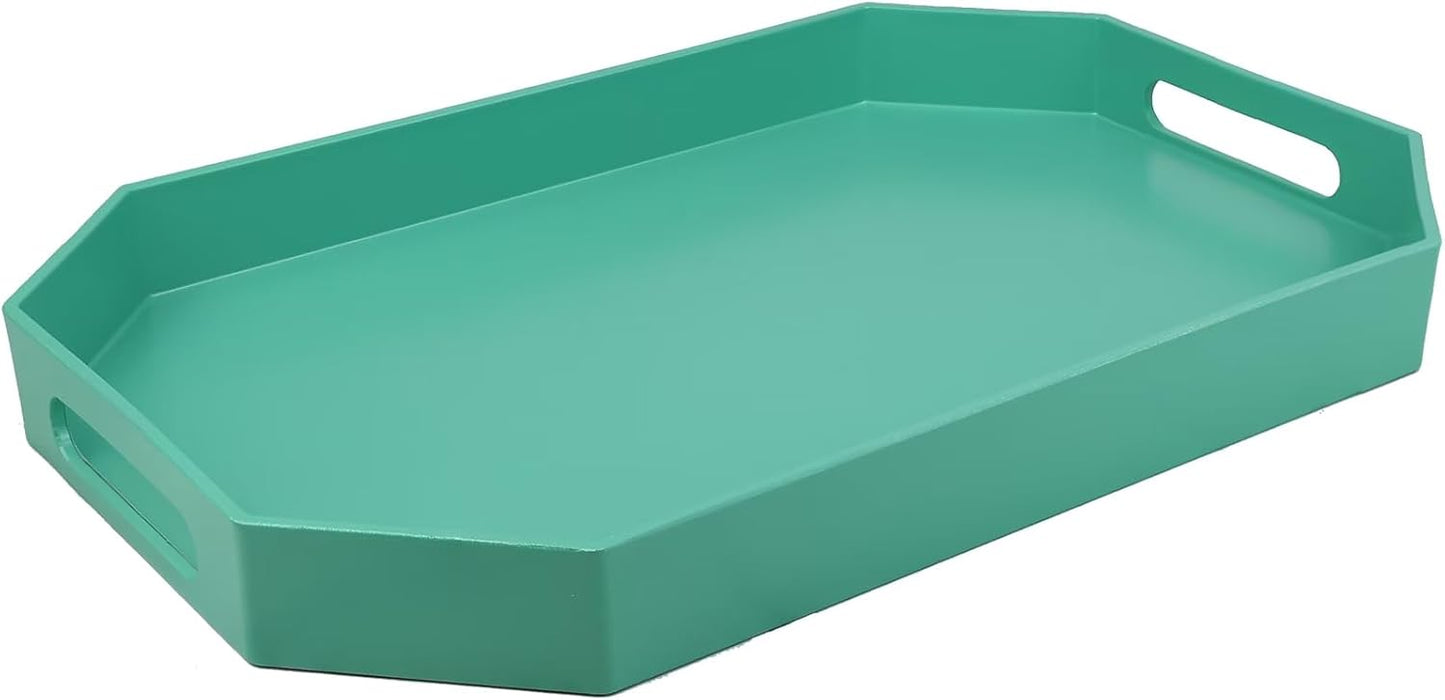Green Octagonal Serving Tray with Handles for Coffee Table, Plastic Decorative Tray for Ottoman, Kitchen Counter, Living Room, Outdoor Lacquer Tray for Entertaining