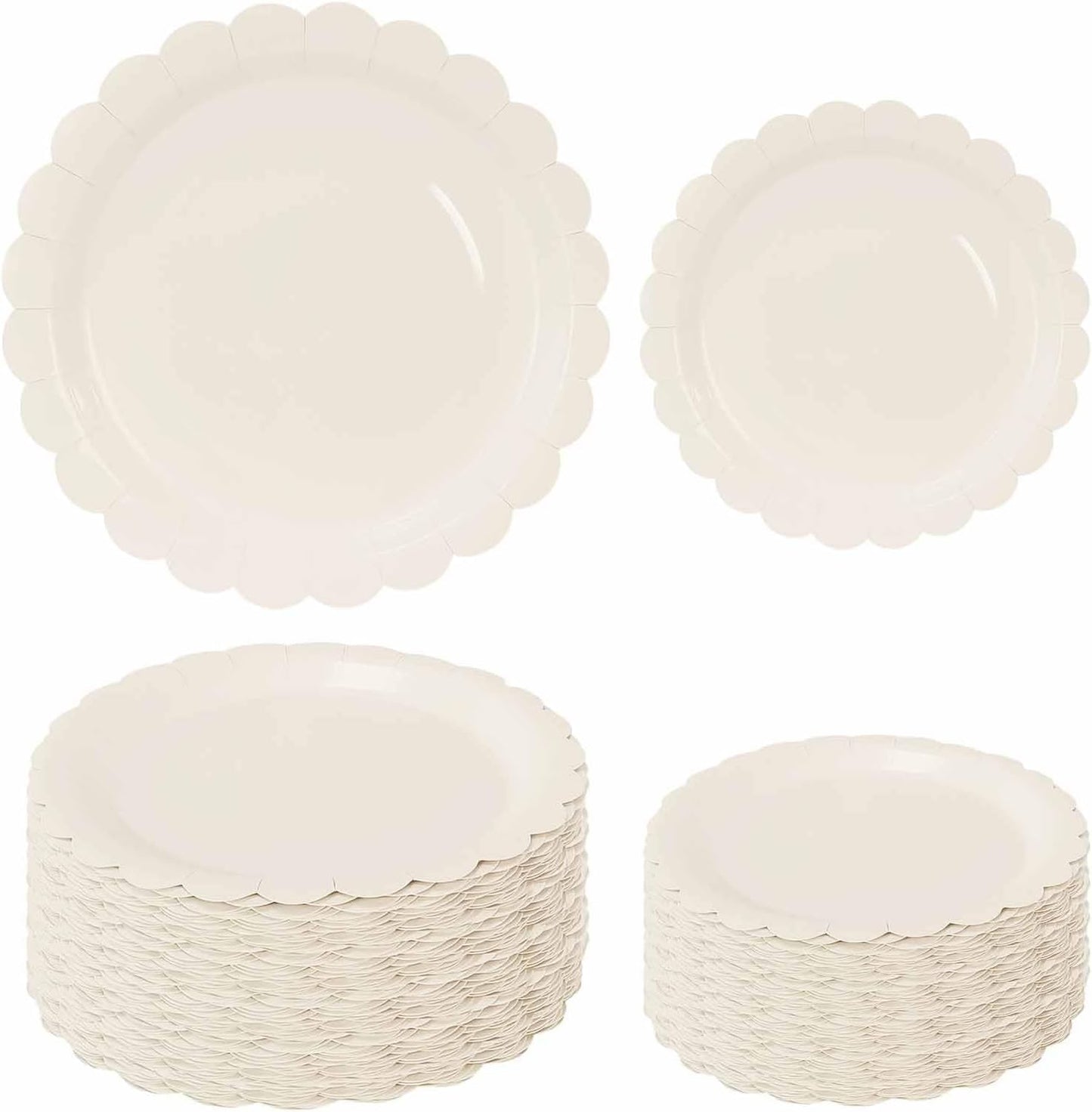 50 Pcs Ivory Scalloped Paper Plates 25 × 7'' and 25 × 9'' Disposable Ivory Scalloped Dinner Plates for Wedding Baby Shower Birthday Party Disposable Dessert Plate
