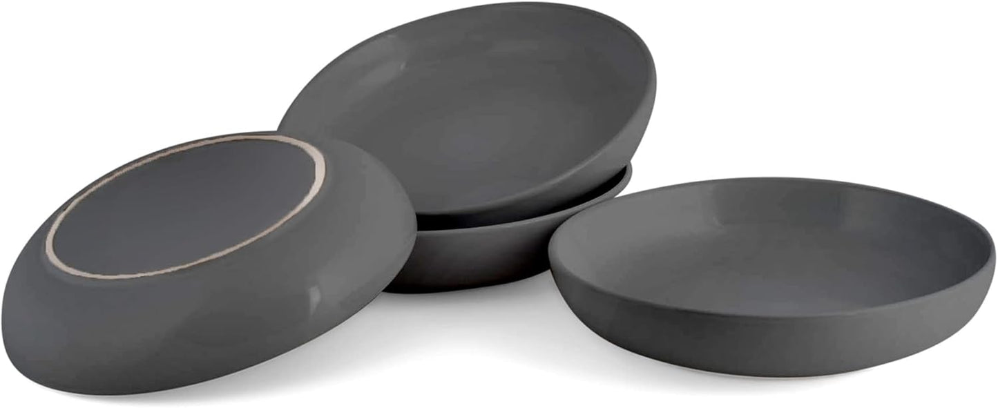 Elanze Designs Bistro Glossy Ceramic 8.5 inch Shallow Pasta Dinner Bowls Set of 4 - Perfect for Everyday uses from Italian Style Pasta to Caesar Salad, and Ramen to Pho, Charcoal Grey