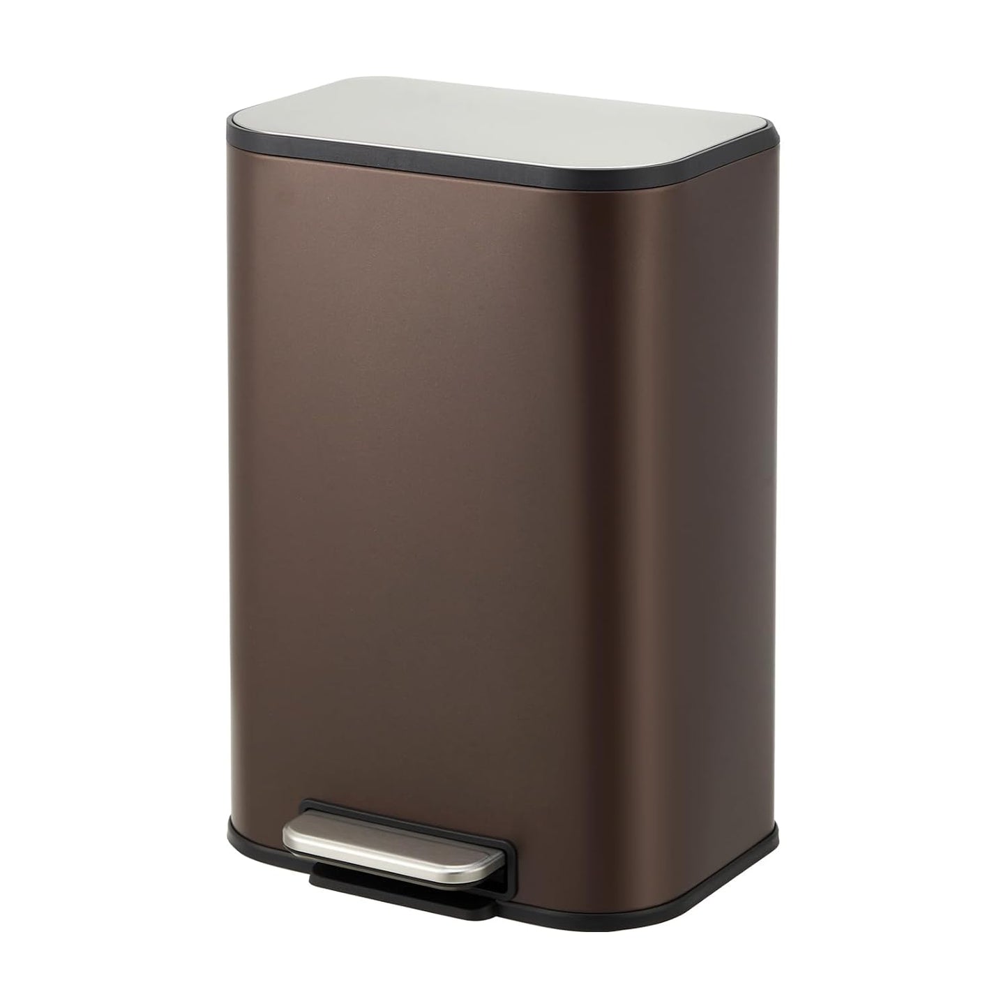 Small Trash Can for Kitchen, 3.2 Gallon Stainless Steel Garbage Can with Soft-Close Lid, Rectangular Trash Can with Step-On Pedal and Inner Bucket for Home Office Bathroom Living Room, Brown