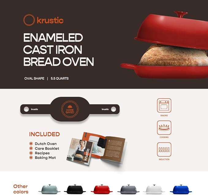 Enameled Cast Iron Dutch Oven for Professional Sourdough Bread Baking | 5.5 Quart Loaf Size Oval Cookware Pot with Lid | Triple-Layer Enamel Coating Pan with Non Stick Silicone Mat |Red