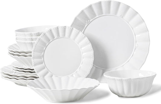 Plates and Bowls Sets, 16 Piece Dinnerware Sets, Porcelain Dinner Set with Plates and Bowls, Ceramic tableware, Modern Bone China Dish Set for 4, Wavy Pattern