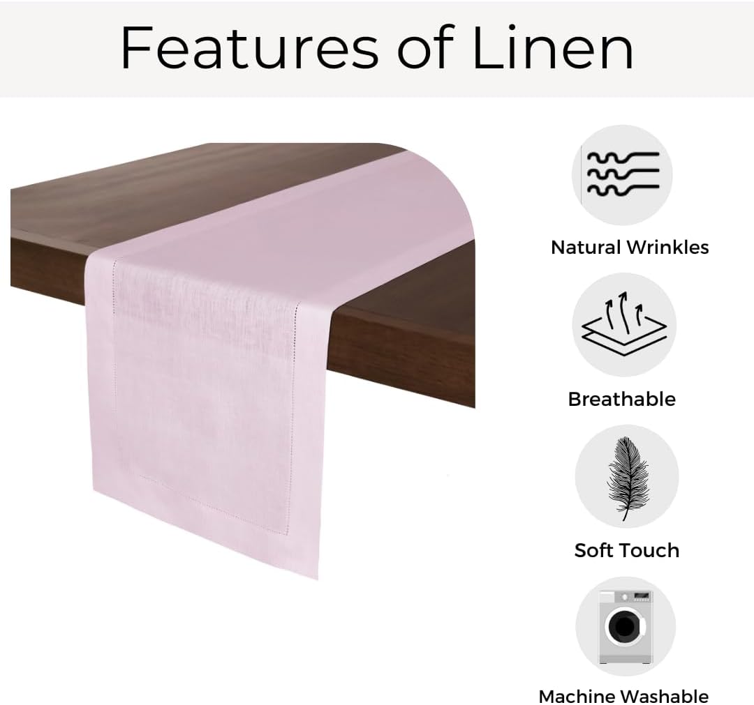 D'Moksha Homes Linen Pastel Pink Table Runner 54 Inches - Classic Hemstitch, 100% Pure Linen Coffee Table Runner 14 x 54 Inch Ideal for Dresser Tables - Fall, Autumn and Halloween