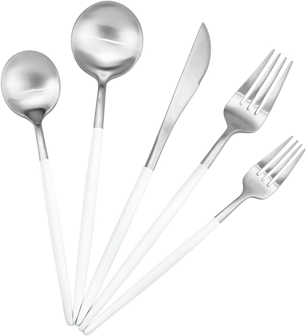 Gugrida 5-Piece Matte Silver Stainless Steel Satin Finish Flatware Set - Dishwasher Safe, Perfect for Camping, Office Lunch or Home Use