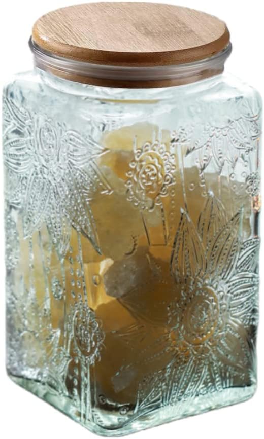 Vintage Square Sunflower Glass Jar with Lid - 34 FL OZ, Decorative Mason Jar for Home Kitchen Coffee Tea Sugar Cookie Candy Storage