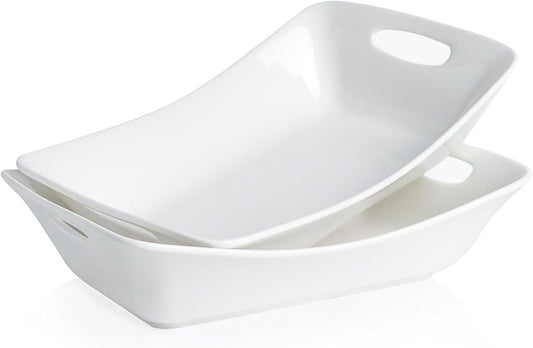 Kanwone Large Serving Bowls with Handles, White Serving Dishes For Entertaining, 1.8 Quarts Porcelain Bowl Set for Turkey, Fruit, Salad, Rectangle Serving Platter for Parites, Thanksgiving, Set of 2