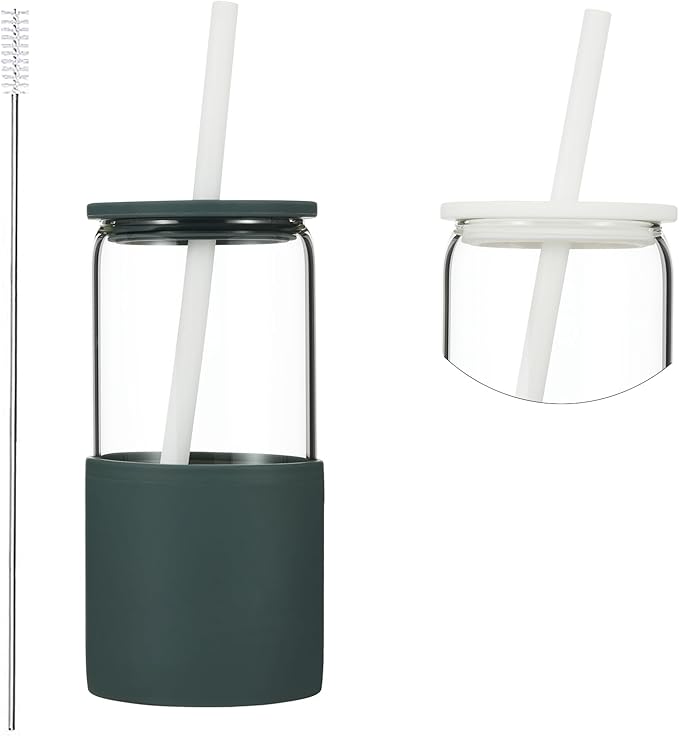 Sunseeke Glass Tumbler with Straw and Lid, 16oz Ice Coffee Cup, Silicone Sleeve Cleaning Brushes, Drinking Glasses for Water, Iced Coffee, Smoothie - BPA Free (Slate blue-gray)