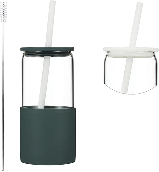 Sunseeke Glass Tumbler with Straw and Lid, 16oz Ice Coffee Cup, Silicone Sleeve Cleaning Brushes, Drinking Glasses for Water, Iced Coffee, Smoothie - BPA Free (Slate blue-gray)