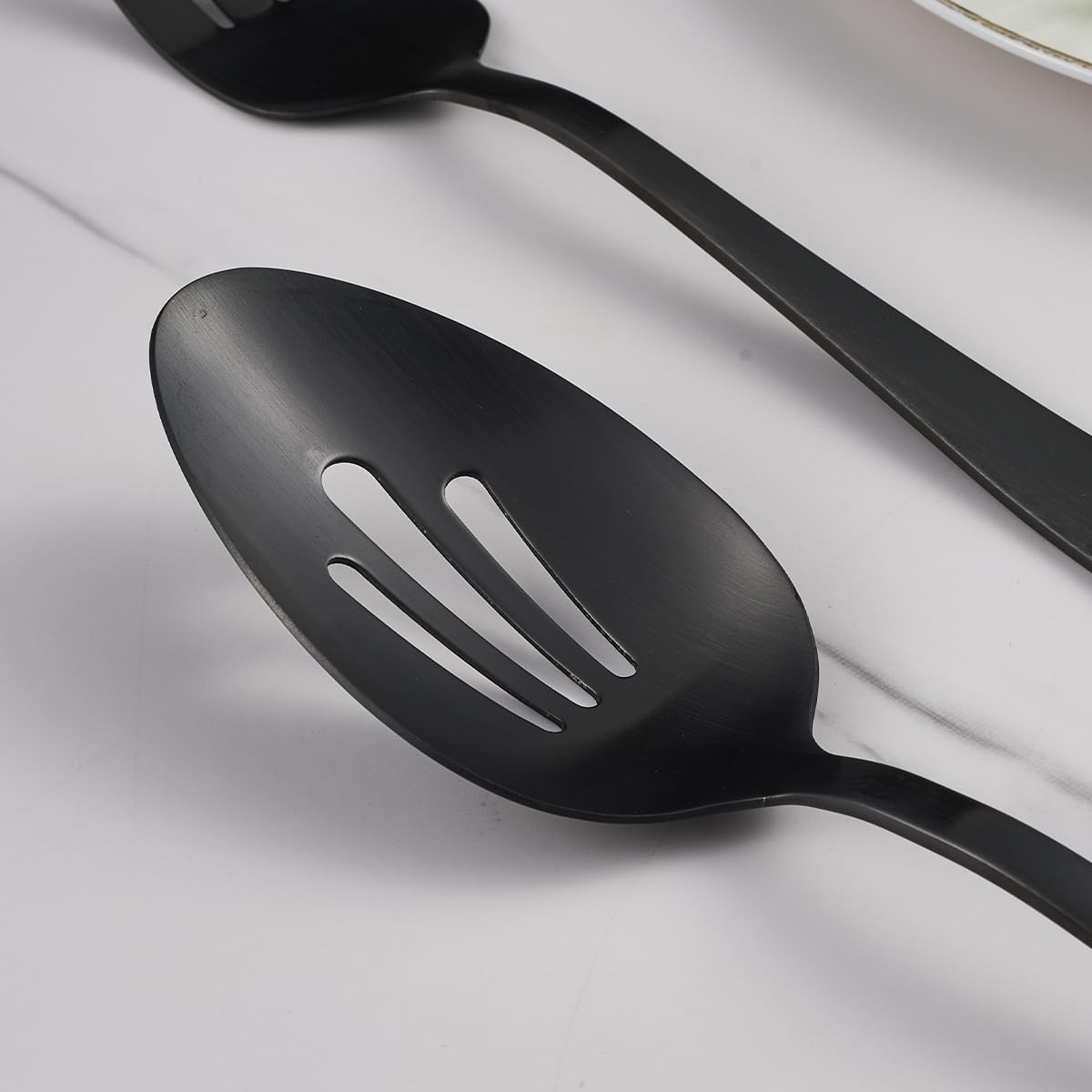 6 Pieces Large Serving Set - 3 Spoons & 3 Slotted Spoons - 10.6 Inch Matte Black Stainless Steel Utensils - Dishwasher Safe for Kitchen, Buffet, Party, Restaurant