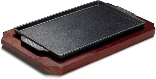 Cast Iron Steak Plate, Grill Pans, Sizzle Griddle with Wooden Base, Steak Pan, Griddle Grill Pan with handles (Plate with Base 7.5" x 4.8")