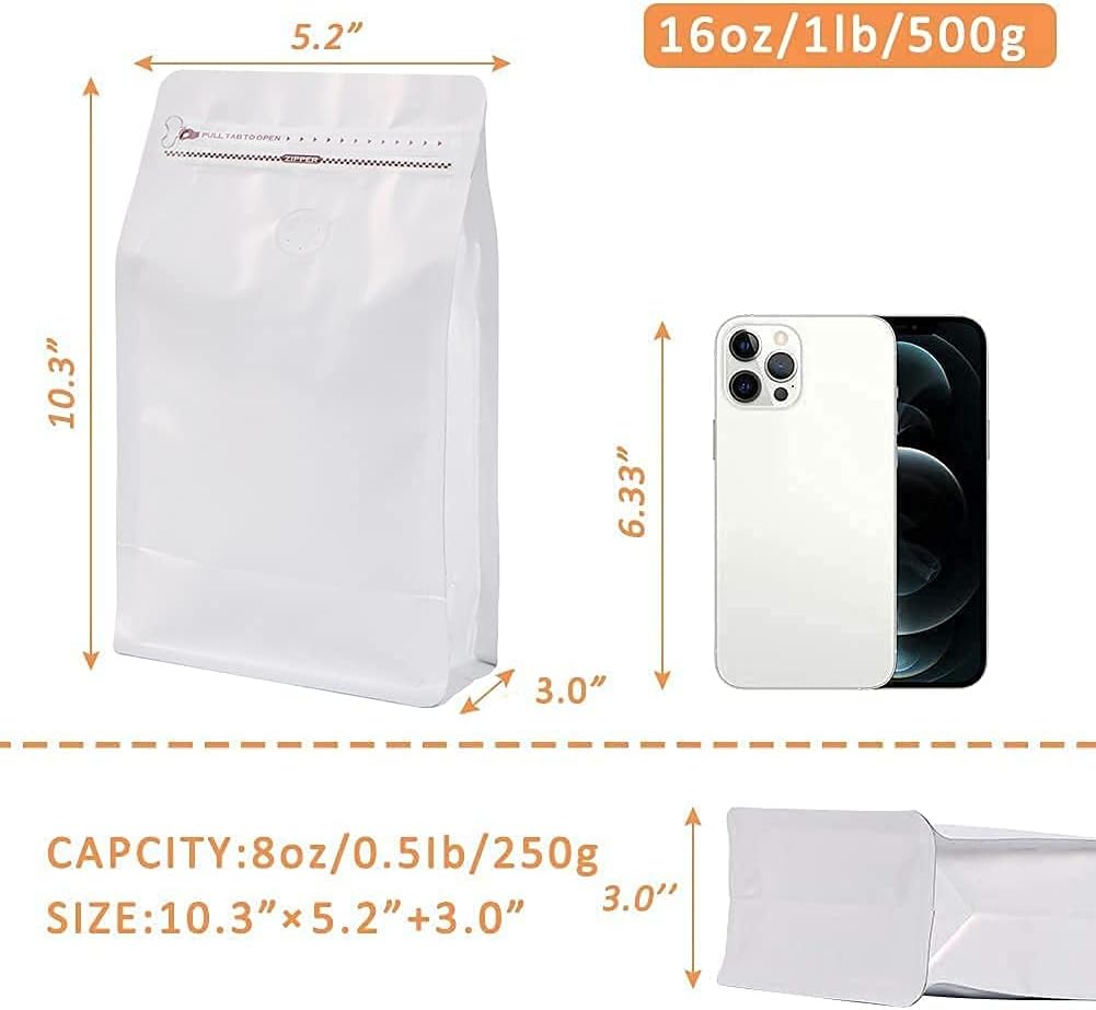 REMTAP Coffee Bags with Valve(50pcs,16oz) white High Barrier Aluminumed Foil Flat Bottom Standing Coffee Beans Storage Bags,Reusable Heat Sealable Side Zipper Pouches for Home or Store