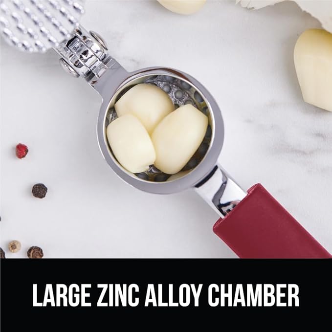 GORILLA GRIP Garlic Press and Peel Set, Heavy Duty Mincer Tool, Easily Mince and Crush Garlics, Ginger, Nuts, Seeds, Large Ergonomic Handle, Peeler Included, Peeling Cloves, Kitchen Gadgets, Red