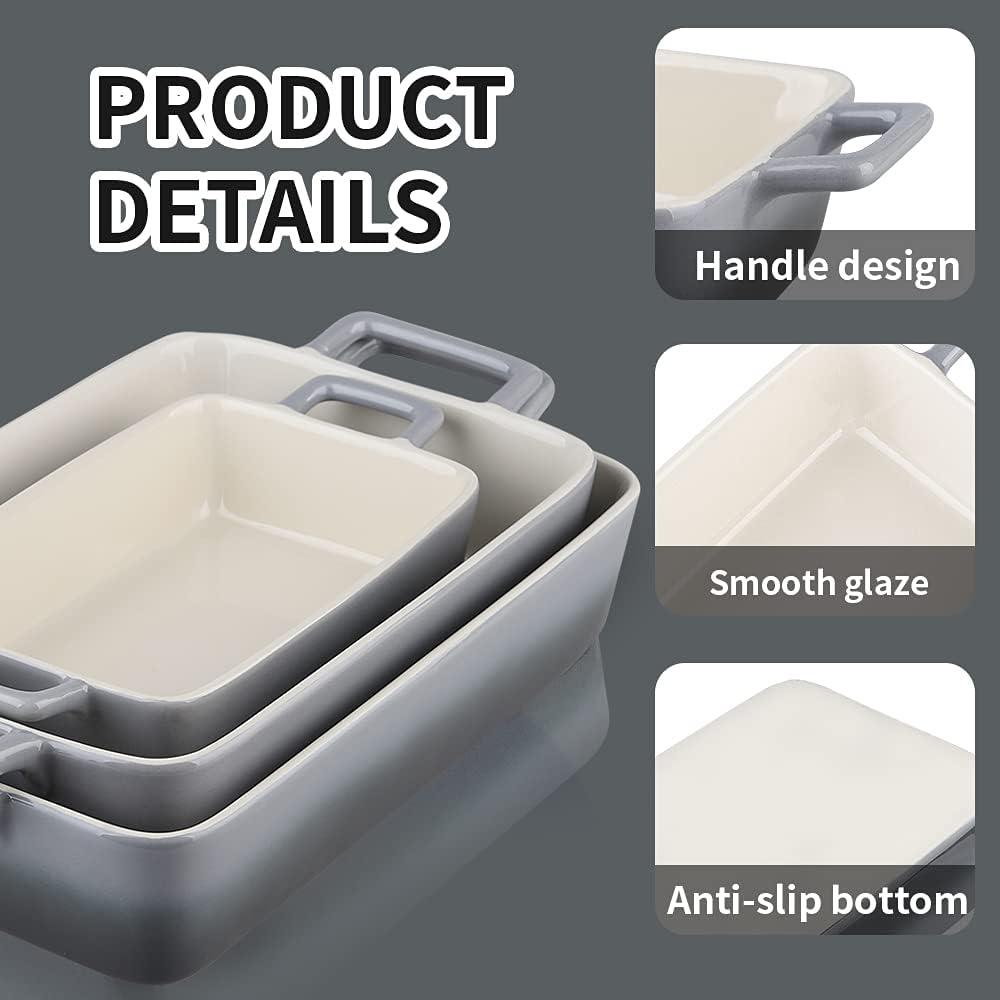 Bakeware Set, Ceramic Baking Dish, Rectangular Baking Pans for Cooking, Cake Dinner, Kitchen, Banquet and Daily Use, 12 x 8.5 Inches, 3-Piece (Gradient Gray)