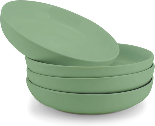 Elanze Designs Bistro Glossy Ceramic 8.5 inch Shallow Pasta Dinner Bowls Set of 4 - Perfect for Everyday uses from Italian Style Pasta to Caesar Salad, and Ramen to Pho, Sage Green