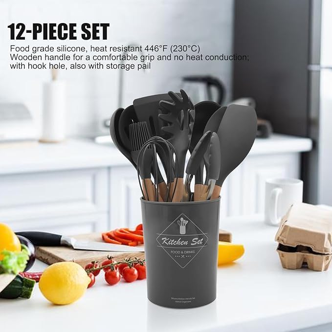 Kitchen Silicone Utensils Set of 12, kitchen spoons and Spatulas, cooking utensils, Non-stick Cookware Friendly Heat Resistant, Includes Spatula Tong Whisk Ladle Brush Slotted Turner Spoon(Gray)