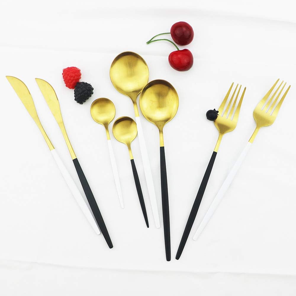 JASHII Silverware Set 36 Piece Food Grade Stainless Steel Flatware Set Fork Spoon Knife Utensils for Daily Use and Party, Service for 6 Anti Rust, Safe in Dishwasher (Matte White handle gold)