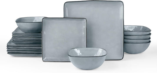 Famiware Ocean Square Plates and Bowls Set, 18 Pieces Dinnerware Sets, Dishes Set for 6, Reactive Glaze, Microwave and Dishwasher Safe, Scratch Resistant, Grey