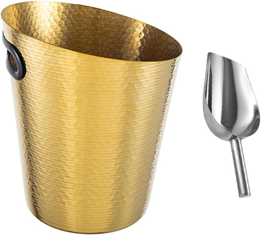 Stainless Steel Champagne Bucket with Ice Tongs - Stainless-Steel Beverage Tub - Diagonal Ice Bucket with Handle for Cocktail Bar, Wine, Home Bar Accessories, Parties - 4 Quarts - New Gold