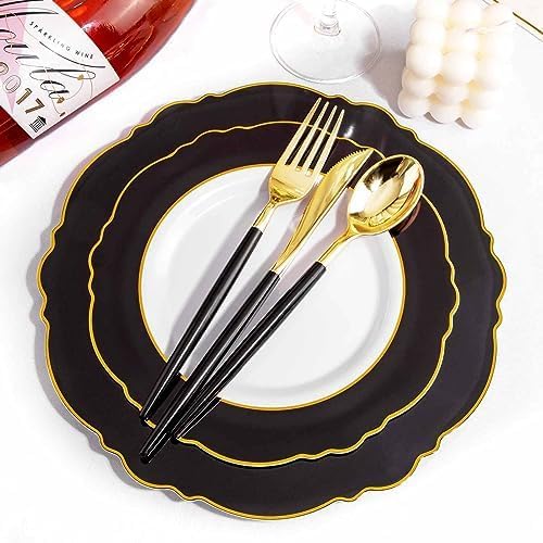 WDF 30Guest Black and Gold Plastic Plates - New Year Plates - Gold Plastic Silverware With Black Handle Baroque Black and Gold Disposable Dinnerware for Halloween & New Year &Parties